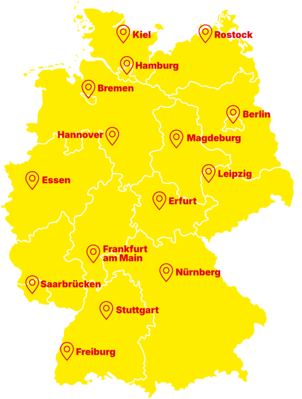 Landkarte auf der die Demostädte eingezeichnet sind